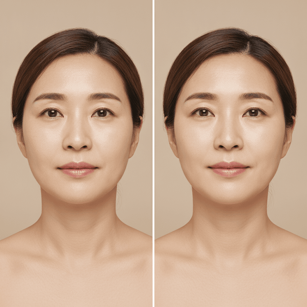 Before and after an Oligio RF facial showing firmer jawline and smoother skin