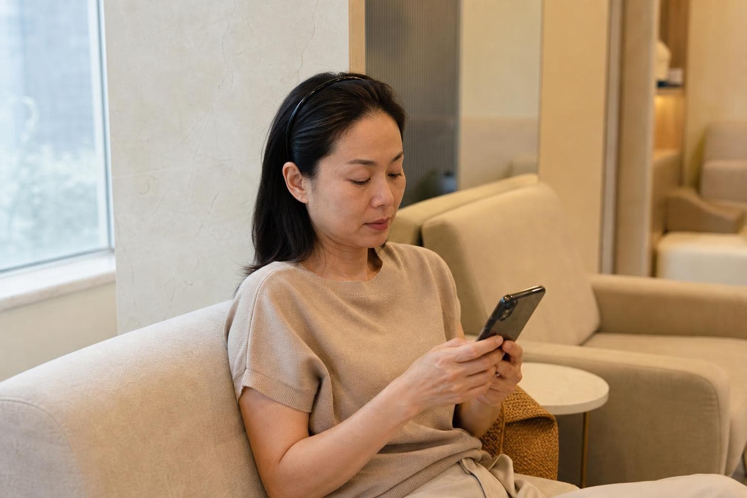 首爾江南診所的醫師在面診時，用手指示範音波拉提作用的臉部位置