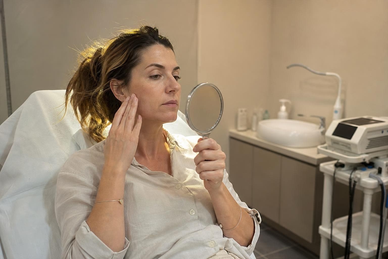 A man in his thirties examining acne scars on his cheek in soft side light before a consultation in Seoul