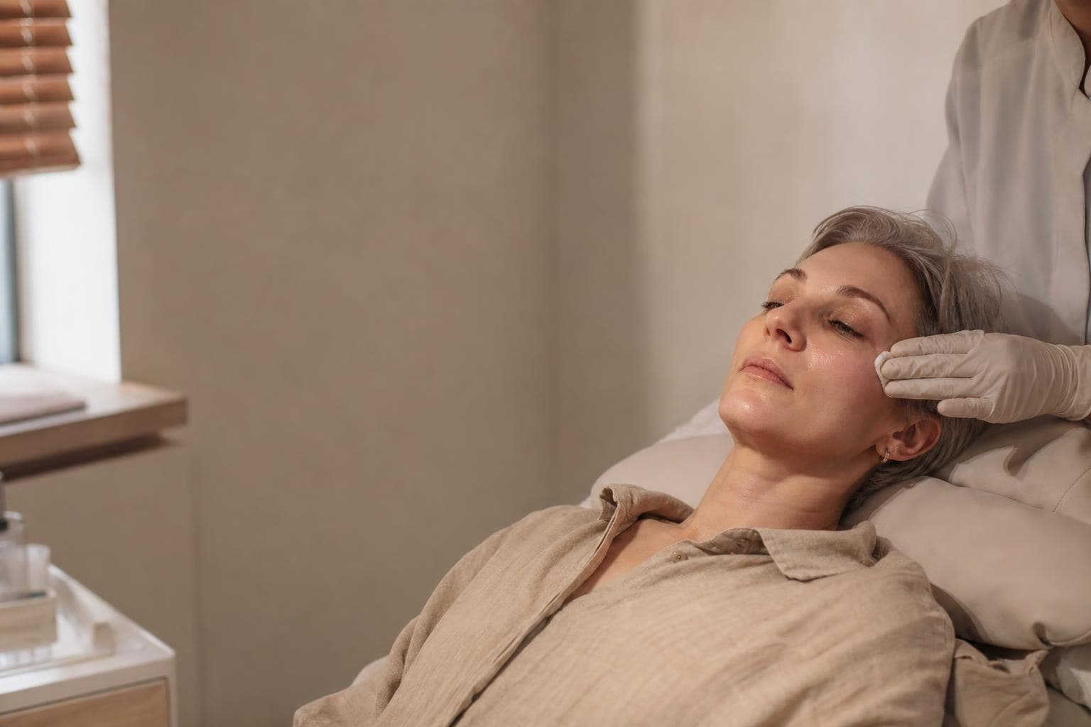 A woman in her early forties having her cheek contour assessed by a doctor at a Gangnam clinic