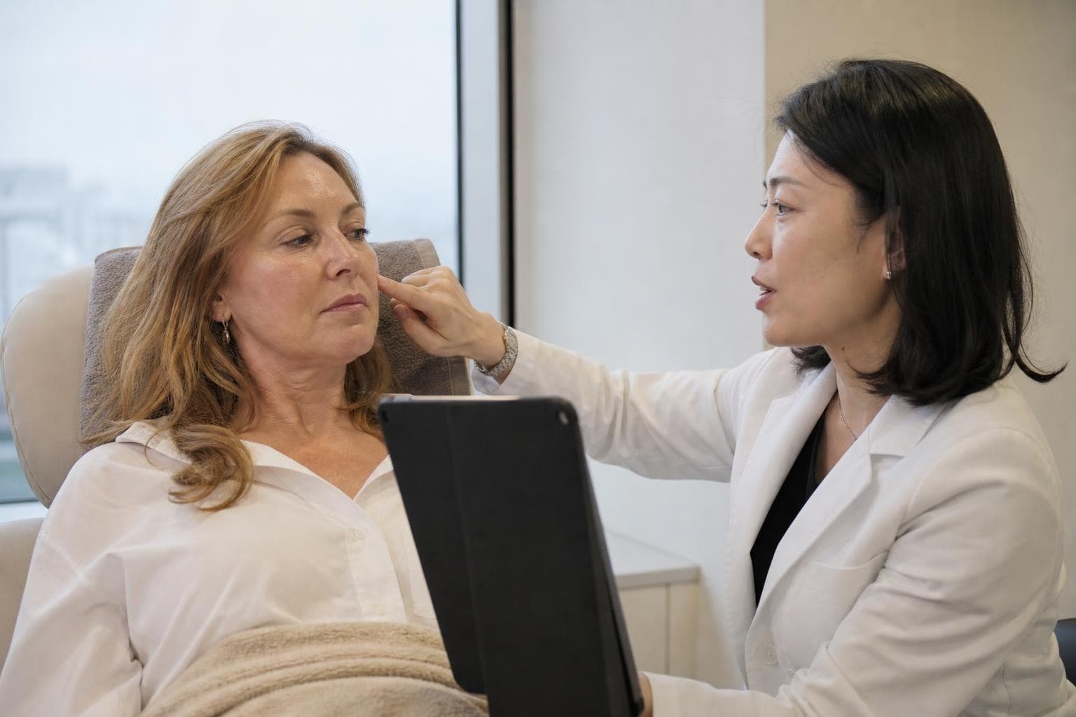 A woman checking her skin in a mirror after a hydrating facial at a Gangnam clinic