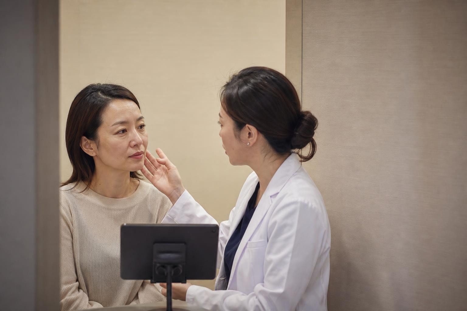 手機螢幕上的醫美心得討論串旁邊放著寫滿問題的筆記本