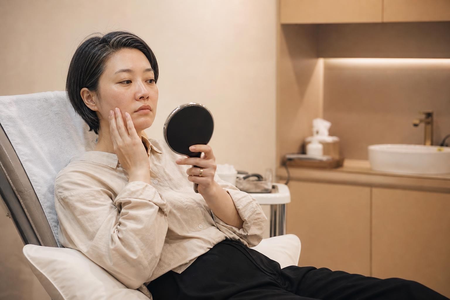 一位三十多歲的女性在首爾江南診所，聽醫師說明肌膚療程