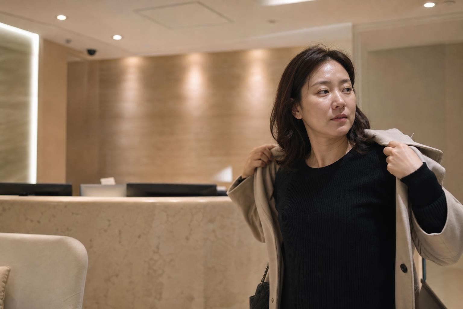 首爾江南診間，醫師用手指輕推一位四十多歲女性的臉頰，說明法令紋的成因
