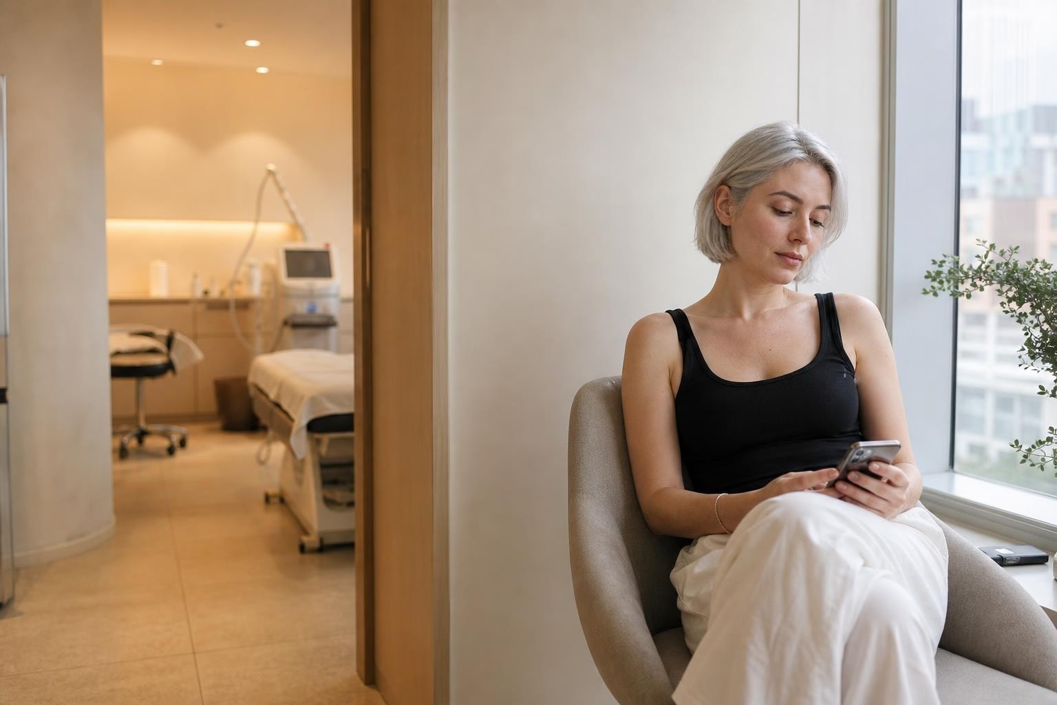 A bride-to-be relaxing after a hydrating facial in a bright Seoul clinic room