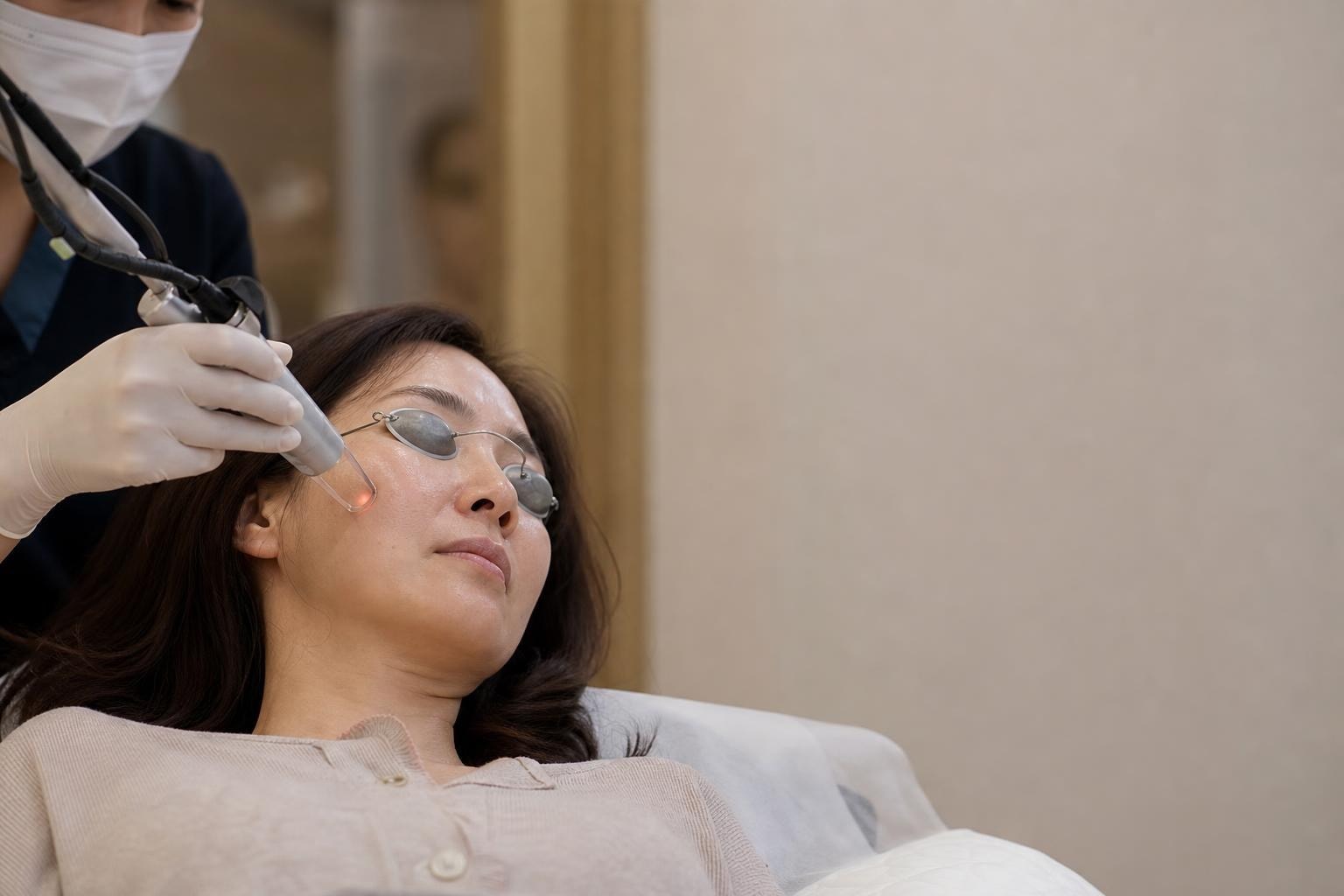 首爾江南診所的護理室裡，一位女性在療程前看著價目單與諮詢人員討論
