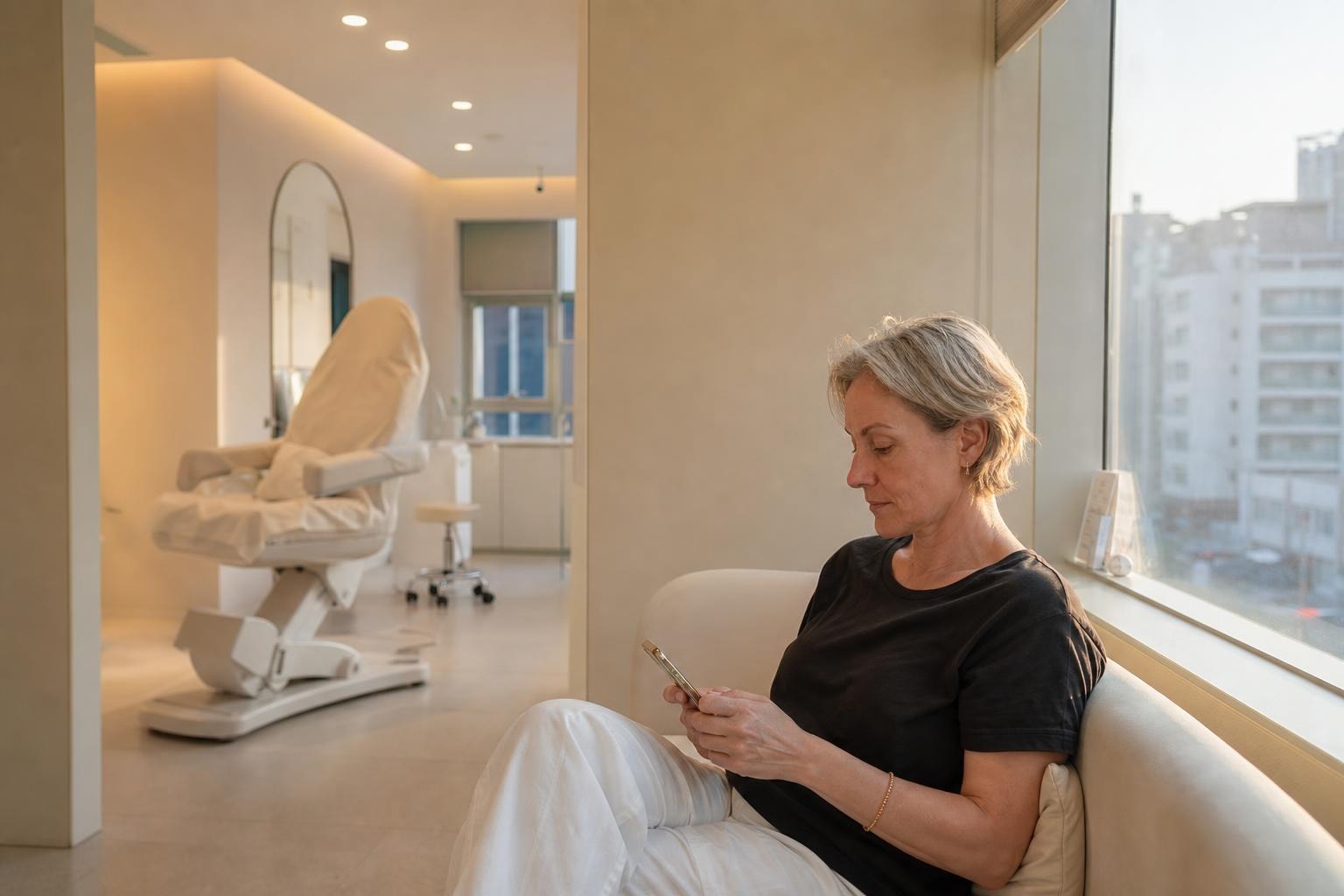 A woman in her late forties gently touching her cheek while looking in a mirror