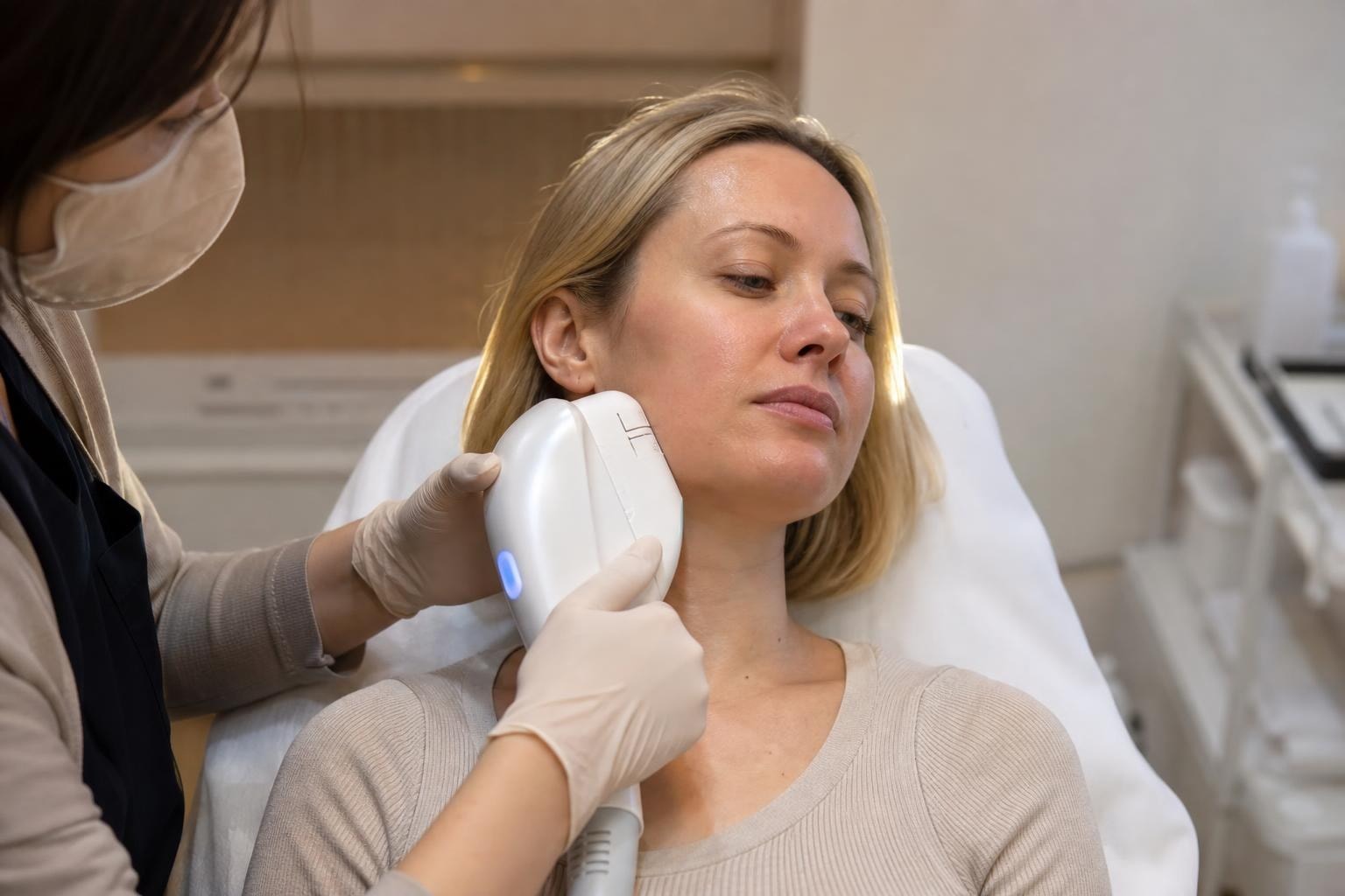 A doctor gently assessing the jawline of a woman in her forties during a lifting consultation in Gangnam