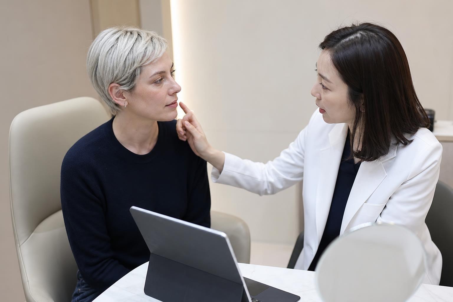 A woman in her forties with clear, slightly flushed skin sitting in a bright Seoul clinic room