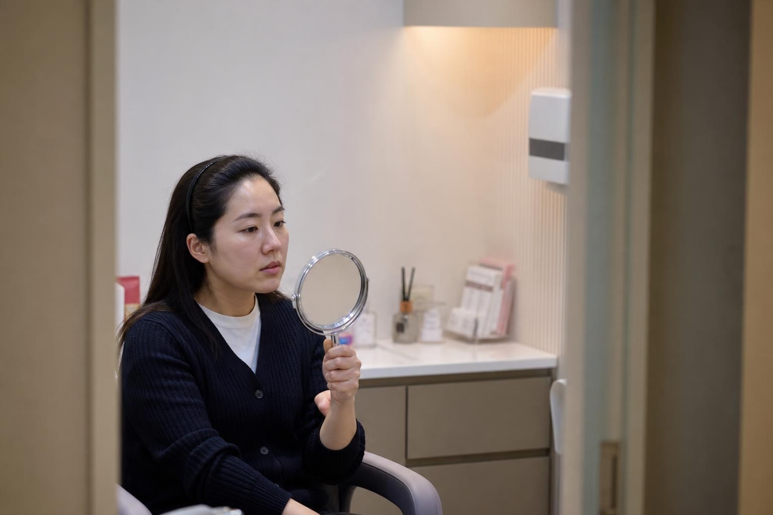 一位三十多歲的女性在首爾江南的皮膚科診間,與醫師討論玻尿酸療程