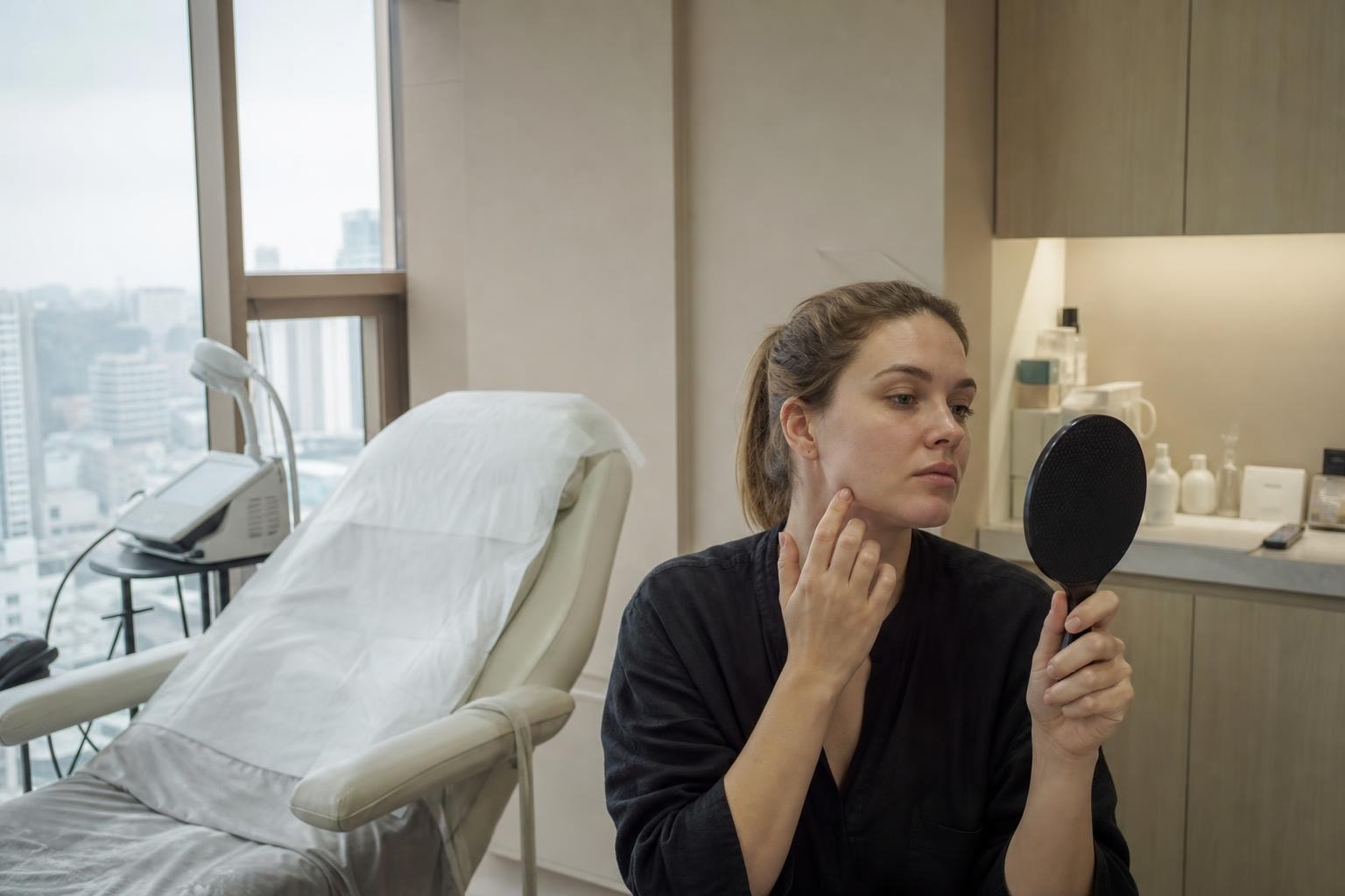 A patient at Delphic Clinic in Gangnam, Seoul, after a laser hair removal session