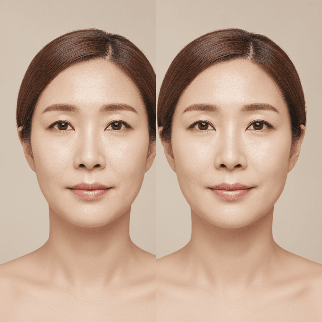 Oligio before and after — looser, less defined skin becoming firmer with a cleaner jawline after RF skin tightening