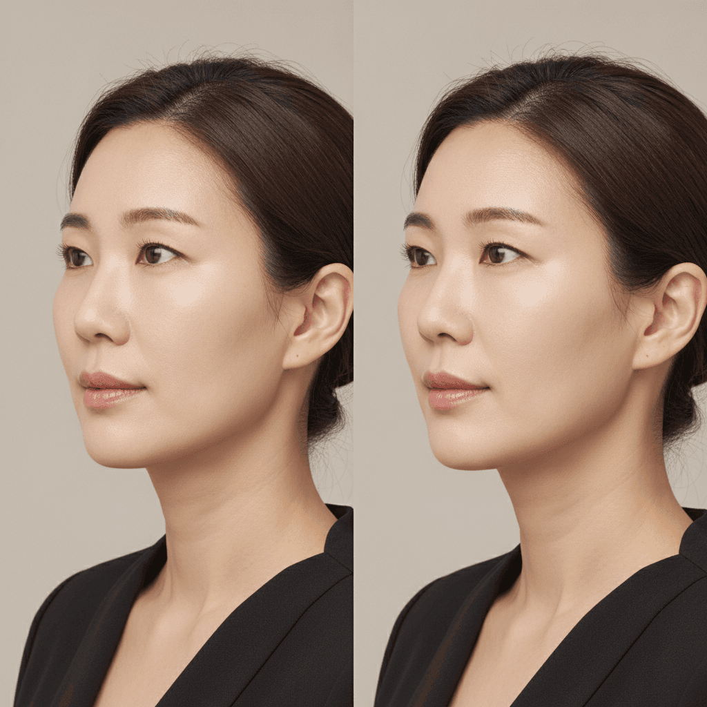 Onda before and after — a softer jawline and under-chin fullness becoming a sharper, more defined jawline
