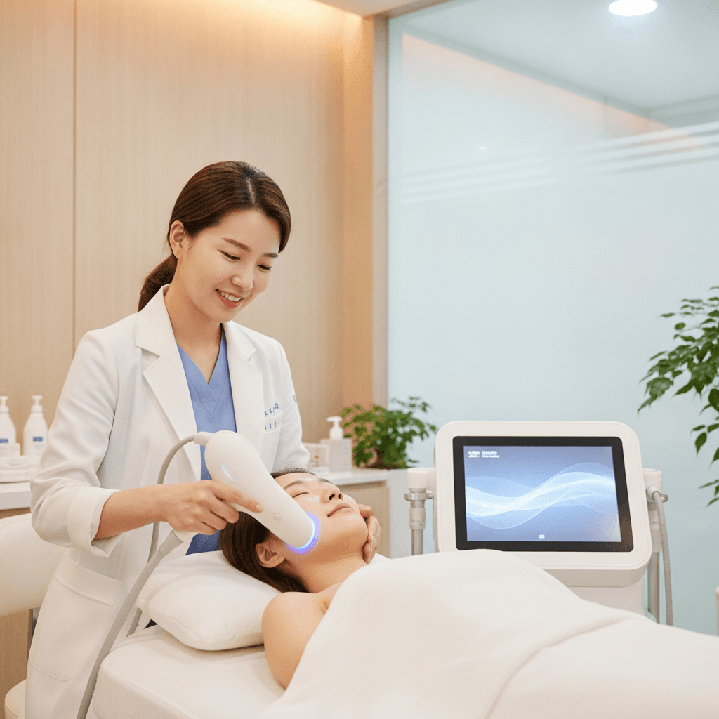 Doctor performing an Onda Coolwaves body-contouring treatment on a patient's jawline at Delphic Clinic, Gangnam Seoul